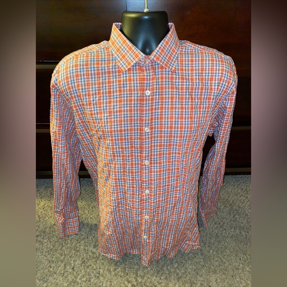 Hammer Made Mens Shirt  43 / 17 Red Plaid Long Sleeve Button‎ Up Made In Italy